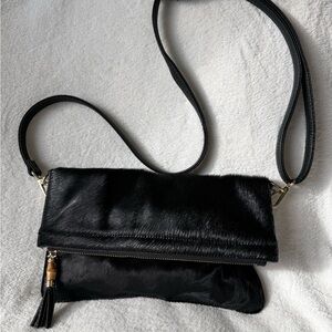 Elegant Black Fur & Leather Fold Over Purse with Shoulder Strap